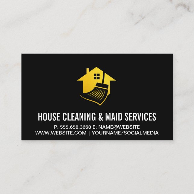 Golden House Broom Logotyp | Städning tjänster Visitkort (Framsida)