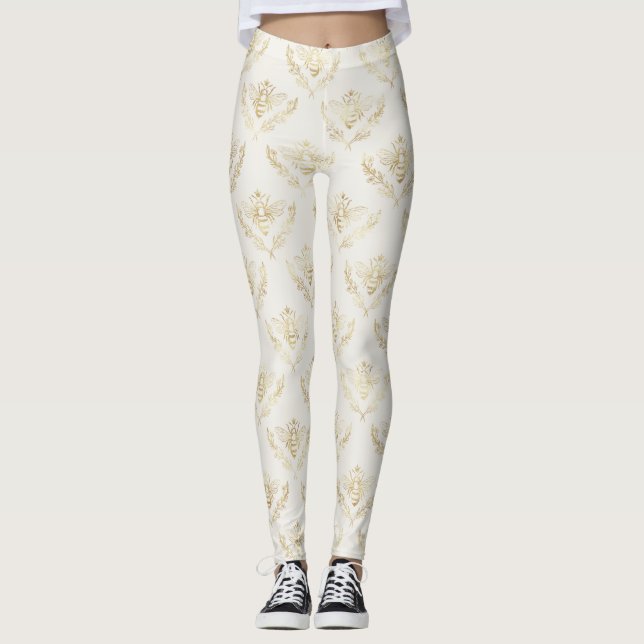 Golden Humla med Krona Mönster Leggings (Framsida)