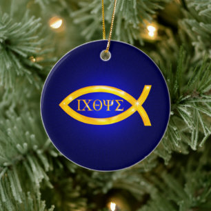 Golden Ichthys Christian Fish Julgransprydnad Keramik