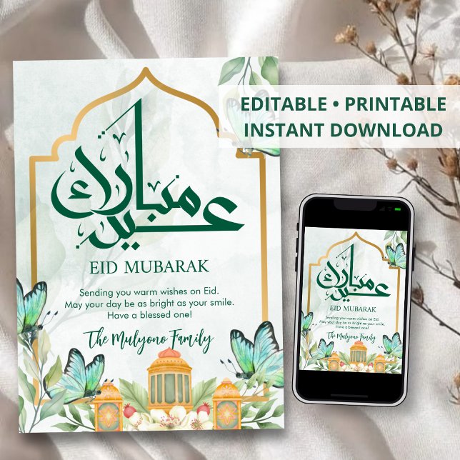 Golden Islamic Arch Teal Butterflies Eid Mubarak Julkort (Skapare uppladdad)
