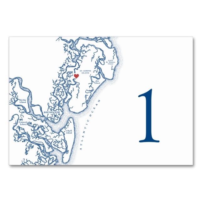 Golden Isles de Georgia Karta Bröllop Elegant Bordsnummer (Framsidan)