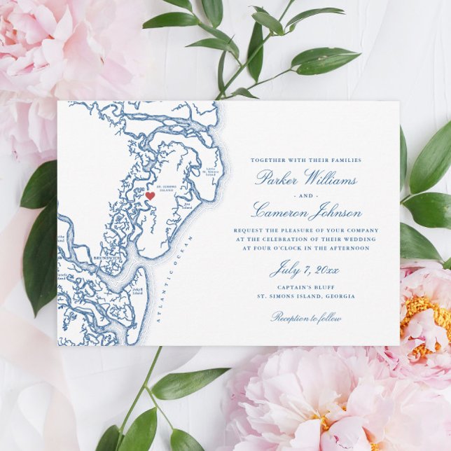 Golden Isles Georgia Karta Elegant Navy Blue Bröll Inbjudningar (Golden Isles of Georgia map wedding invitation with a heart over St. Simons Island)