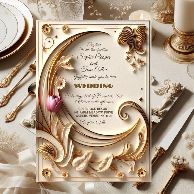 Golden Ivory Baroque Asymmetric Crescent Bröllop Inbjudningar (Golden Ivory Baroque Half Moon Wedding Invitation)