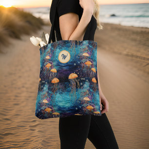 Golden Jellyfish in Teal Ocean w Monogram Initial Tygkasse