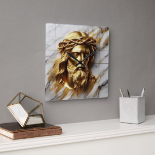 Golden Jesus en gudomlig närvaro i Marble Fyrkantig Klocka