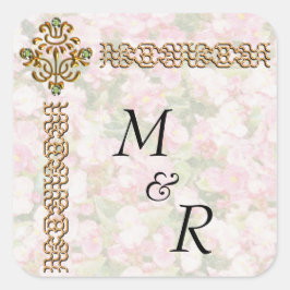 Golden Jeweled Blommigt Bröllop Monogrammed Fyrkantigt Klistermärke