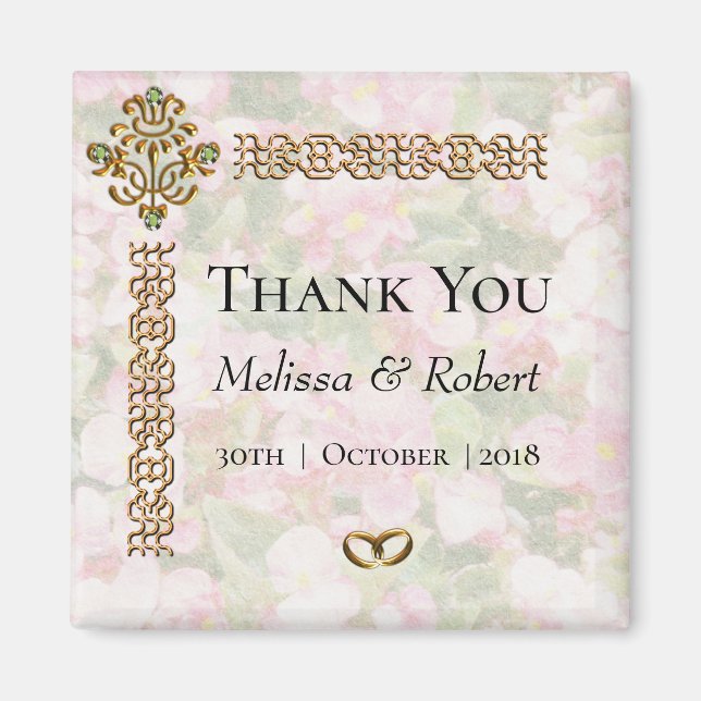 Golden Jeweled Blommigt Bröllop Tack Magnet (Framsidan)
