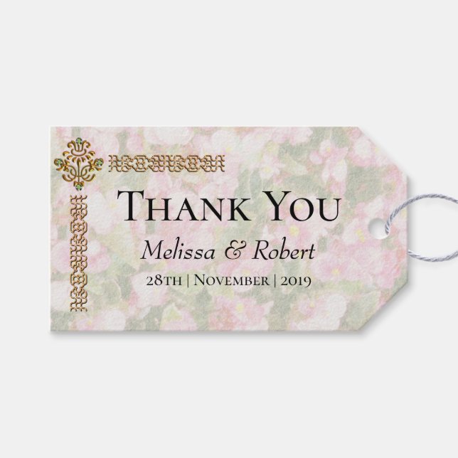 Golden Jeweled Blommigt Bröllop Tack Presentetikett (Framsidan (Horisontell))