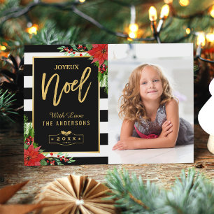 Golden Joyeux Noel God jul Blommigt Photo Julkort