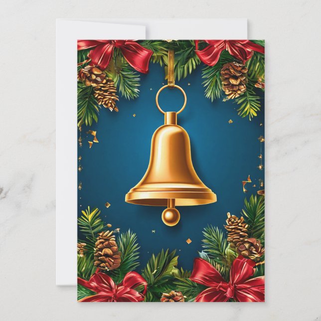 Golden jul Bell omringad av Festive Red Bo Julkort (Framsida)