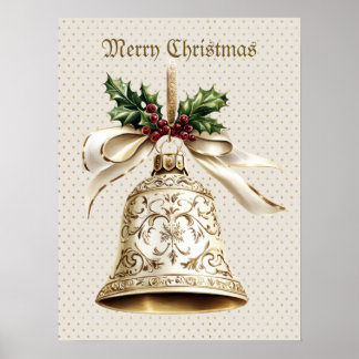Golden jul Bell Shiny Stars Grönt Löv Poster