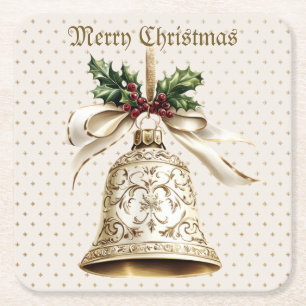 Golden jul Bell Shiny Stars Grönt Löv Underlägg Papper Kvadrat