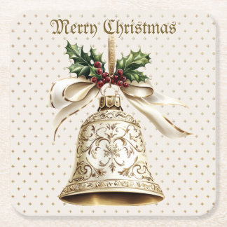 Golden jul Bell Shiny Stars Grönt Löv Underlägg Papper Kvadrat
