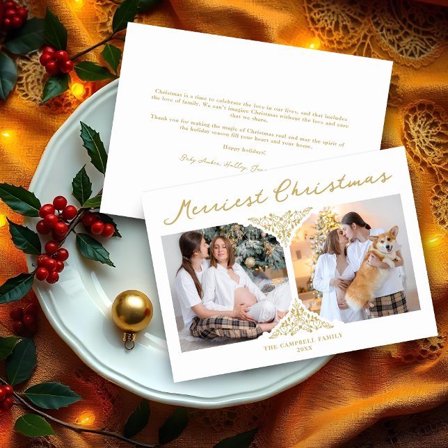 Golden jul Classic Filigree Ornament Julkort (Fake Golden Christmas Classic Filigree Ornament 2 Photos Holidays Card with Envelope.)