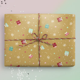 Golden jul-stjärnor, gåvor, Snöflingor Presentpapper