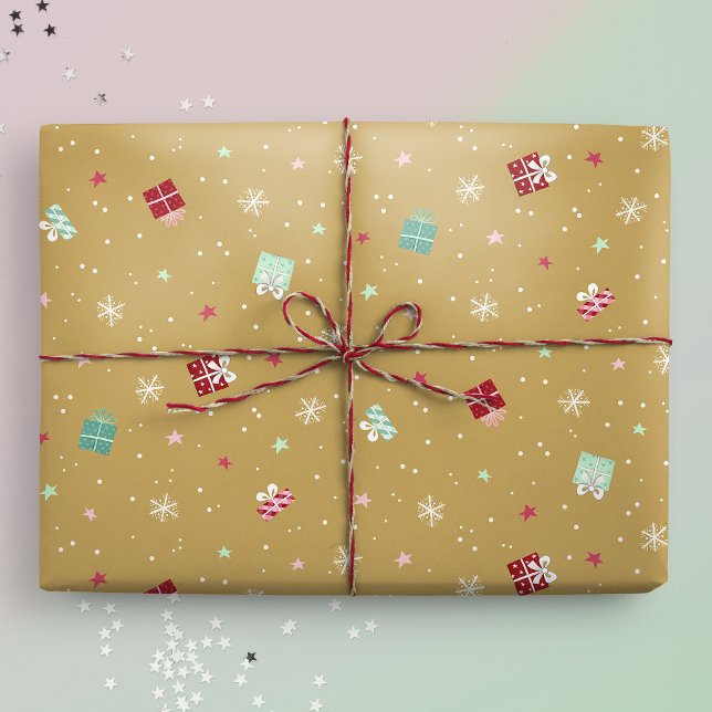 Golden jul-stjärnor, gåvor, Snöflingor Presentpapper (Gift mockup)
