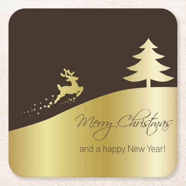 Golden Julgran med Reindeer Underlägg Papper Kvadrat (Framsidan)