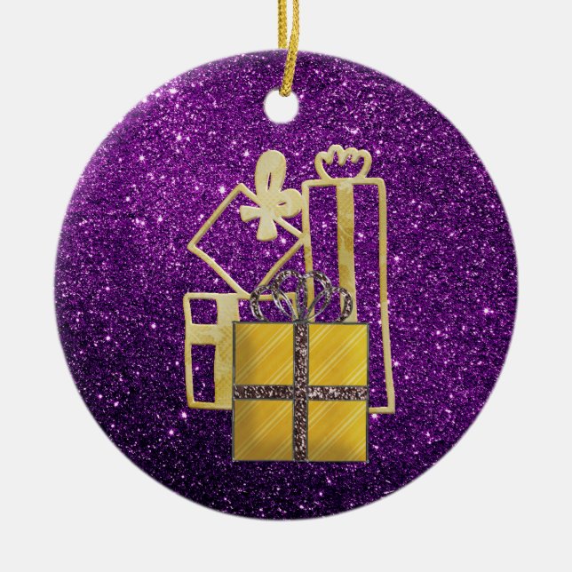 Golden Julklapp Lila Faux Glitter Julgransprydnad Keramik (Framsidan)