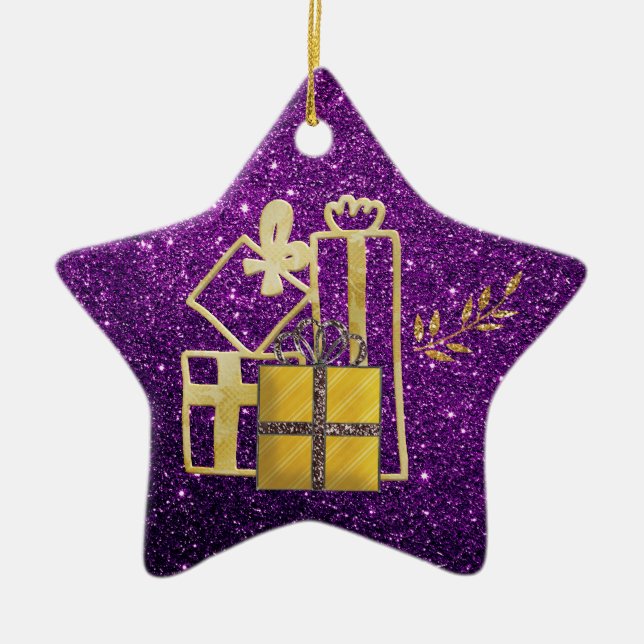 Golden Julklapp Lila Faux Glitter Julgransprydnad Keramik (Framsidan)