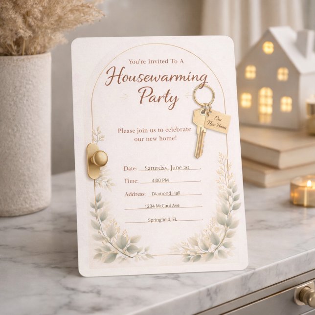 Golden Key Gathering Invitation Inbjudningar (Key to new beginnings with gold accents, arch design, and soft greenery detail)