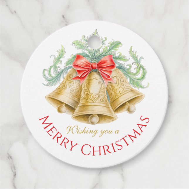 Golden klockor grönt red god jul gåvor etiketter (Framsida)