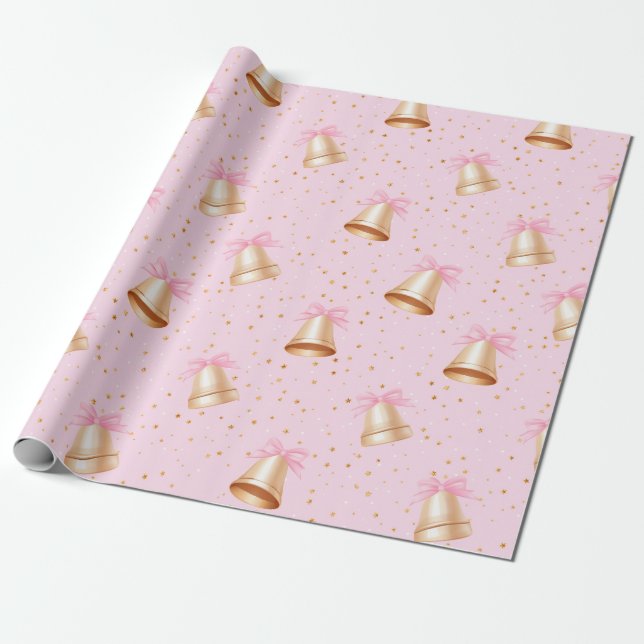 Golden Klockor med Rosa Bows Presentpapper (Utrullad)