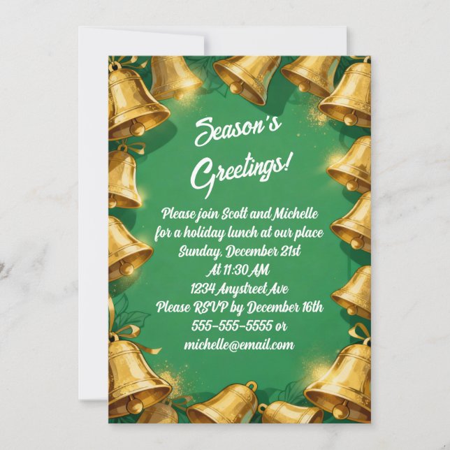 Golden Klockor på Grönten jul Party Inbjudningar (Framsida)