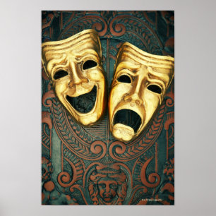 Golden-komedi och tragedismasker på mönstrad poster