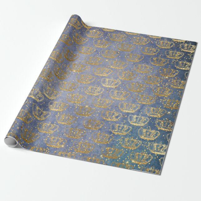 Golden Krona Confetti Royal Grått Blue Velvet Presentpapper (Utrullad)