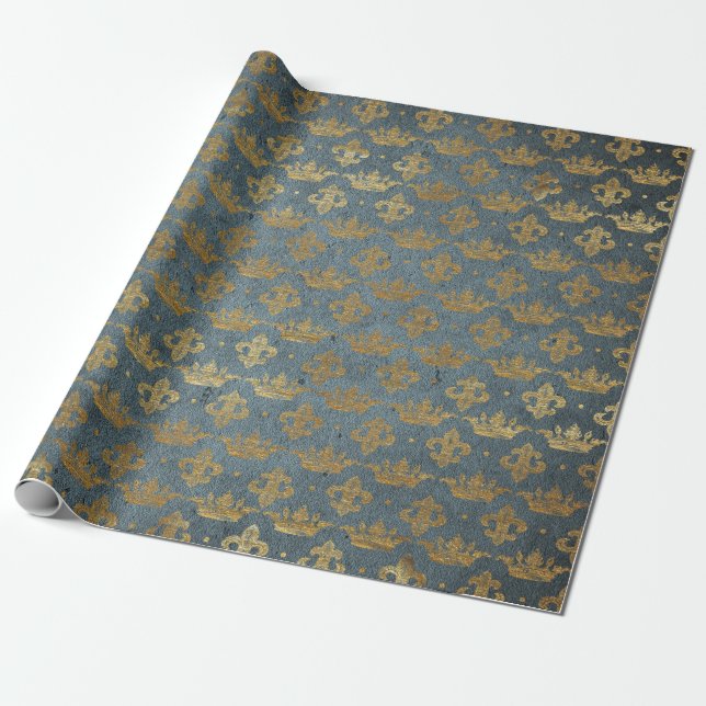 Golden Krona Confetti Royal Grått Blue Velvet Presentpapper (Utrullad)