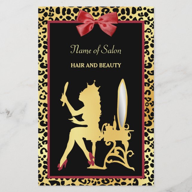 Golden Krona Leopard Red Bow Salon Grand Open Flygblad (Framsidan)