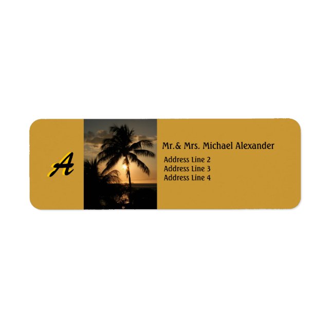 Golden Kusten Sunset Handflatan Träd med Monogram Returadress Etikett (Framsidan)