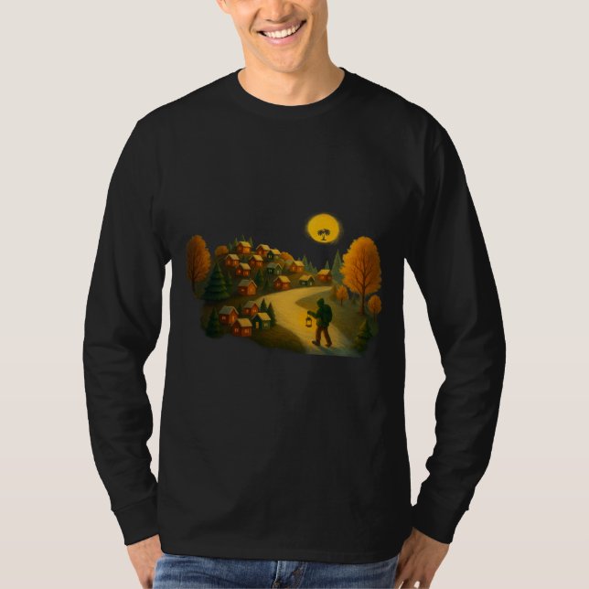 Golden Lantern Path Village Illustration Art Print T Shirt (Framsida)