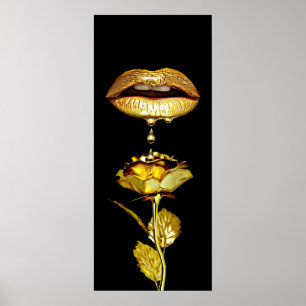 Golden Läppar Dripping Liquid Guld Art Poster
