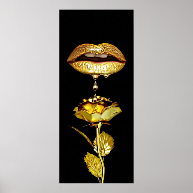 Golden Läppar Dripping Liquid Guld Art Poster (Framsidan)