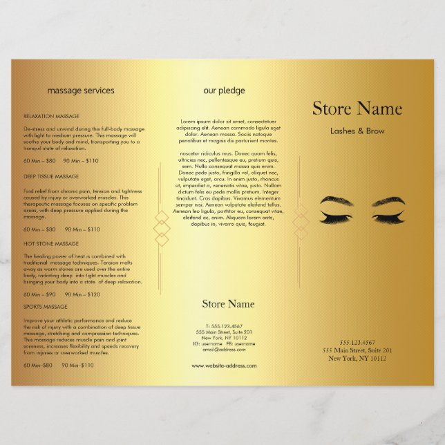 Golden Lashes & Brow Beauty Salon Trifold Broschyr (Framsida)