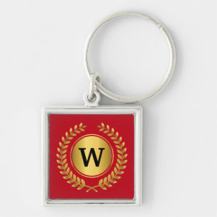 Golden Laurel Wandeand Monogrammed Fyrkantig Silverfärgad Nyckelring