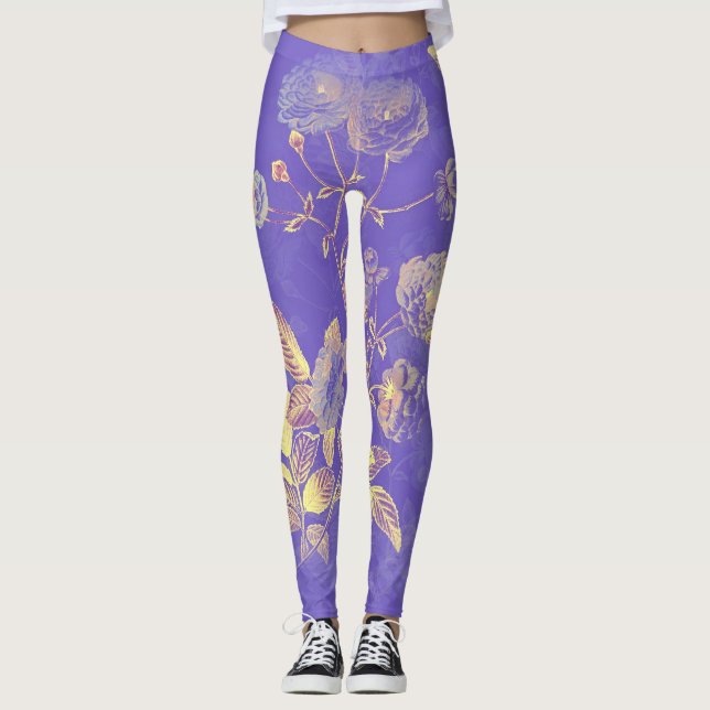 Golden Leafy Foliage on Lila Background Leggings (Framsida)