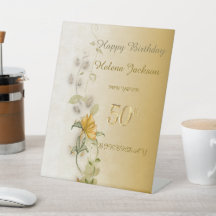 Golden leaves 50th birthday pedestal sign 