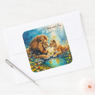 Golden Lejon Lioness färglösa vilda blommor Fyrkantigt Klistermärke