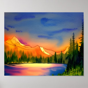 Golden Light Mountains Scenia Watercolor Poster
