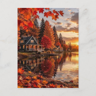 Golden Light Over Lakeside Cabin Fall Woods Artwor Vykort
