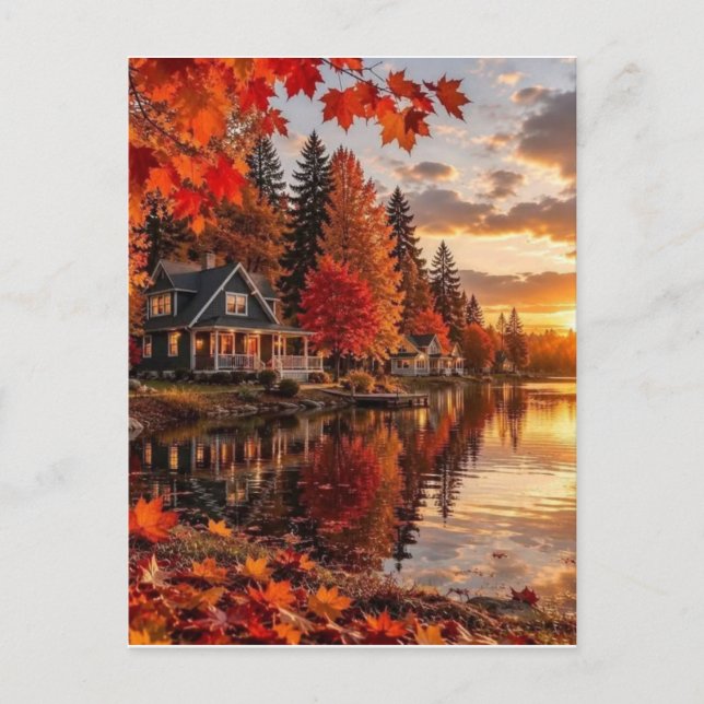 Golden Light Over Lakeside Cabin Fall Woods Artwor Vykort (Framsida)