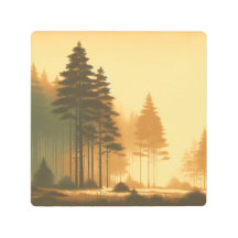 Golden Light Over Misty Pines – Vintage Metal Art