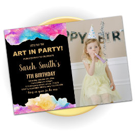 Golden Lila Paint Birthday med foto Inbjudningar