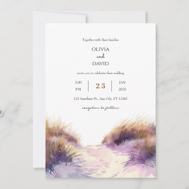 Golden Lila Sunset Sandy Dunes Beach Wedding Inbjudningar (Framsida)