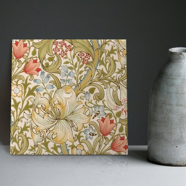 Golden Lily William Morris Arts Crafts Blommigt Kakelplatta (Skapare uppladdad)