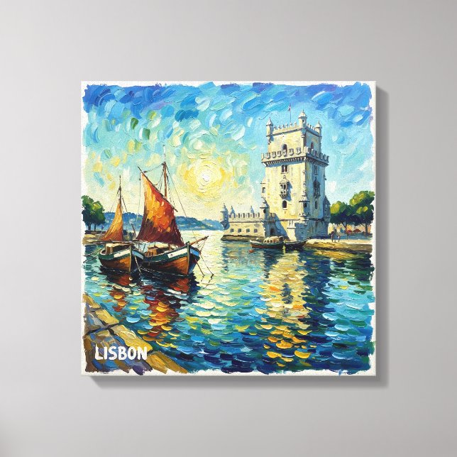 Golden Lisbon Belem Tower Scene Canvas Art (Framsida)