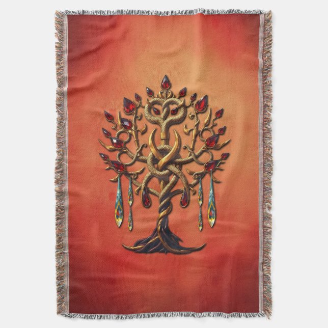 Golden Livets träd med Red Gemstones Filt (Framsidan Vertikal)