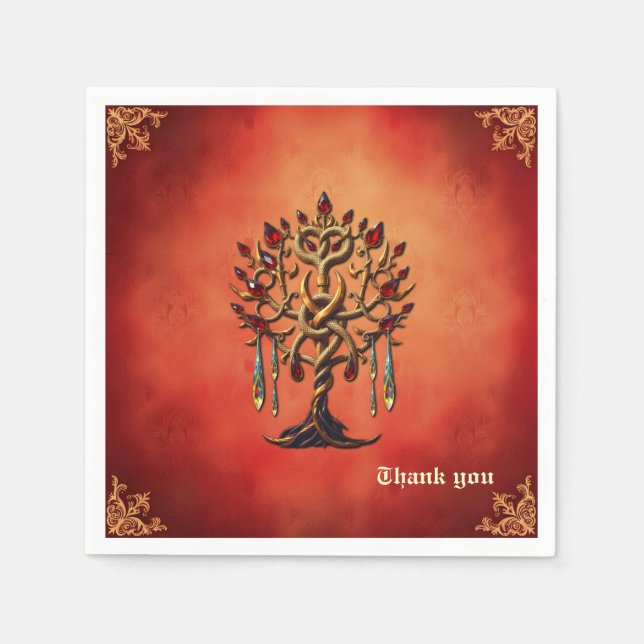 Golden Livets träd med Red Gemstones Pappersservett (Framsidan)